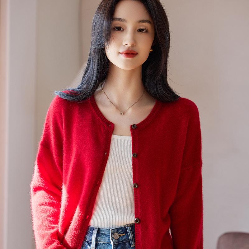 Women's Wool Cashmere Cardigan: Solid Color, Round Neck, Stylish, Long Sleeve, Loose Fit Sweater Jacket