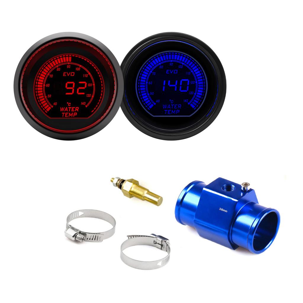 52mm Auto Wassertemperaturanzeige LCD 40~140 ℃ Rote Blaue Hintergrundbeleuchtung Mit Wassertemperatursensor Wassertemperatur-Verbindungsrohr Sensoradapter