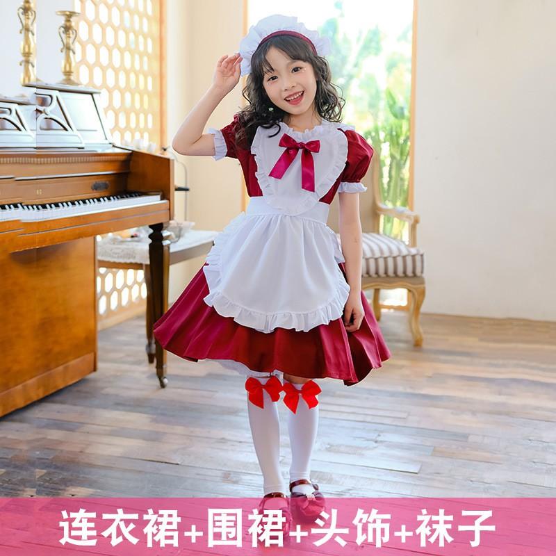 Kids Girl Black Maid Costume Dress Set Lolita Style Princess Outfit Dance Performance Party