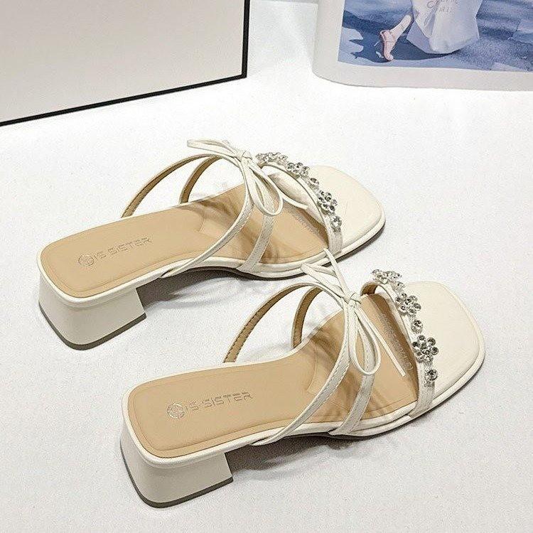 2025 summer new fairy wind bow with skirt crystal slippers foreign trade French beautiful rhinestone slippers