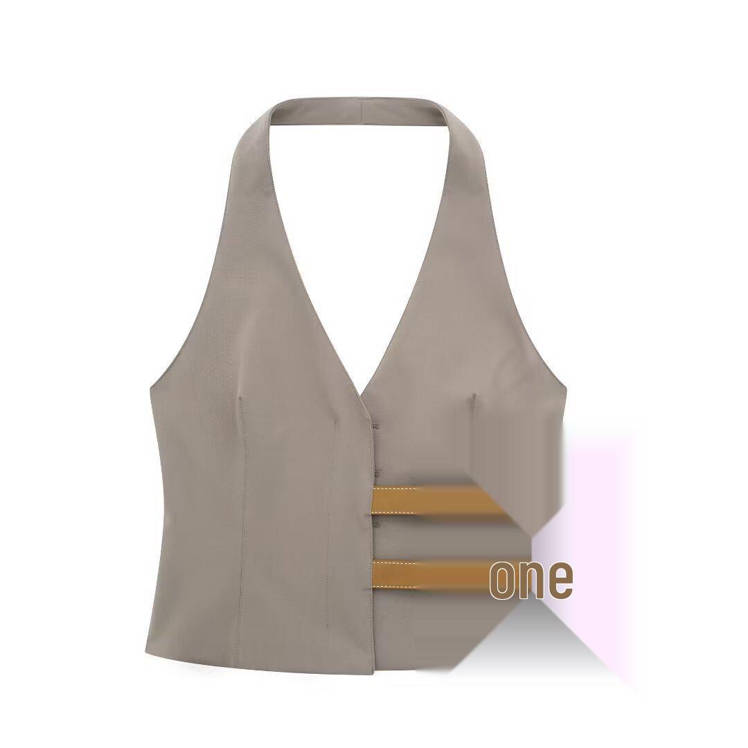 

European and American Women s Fashion: Belted Halter Neck Vest Top & Straight-Leg Pants Set L
