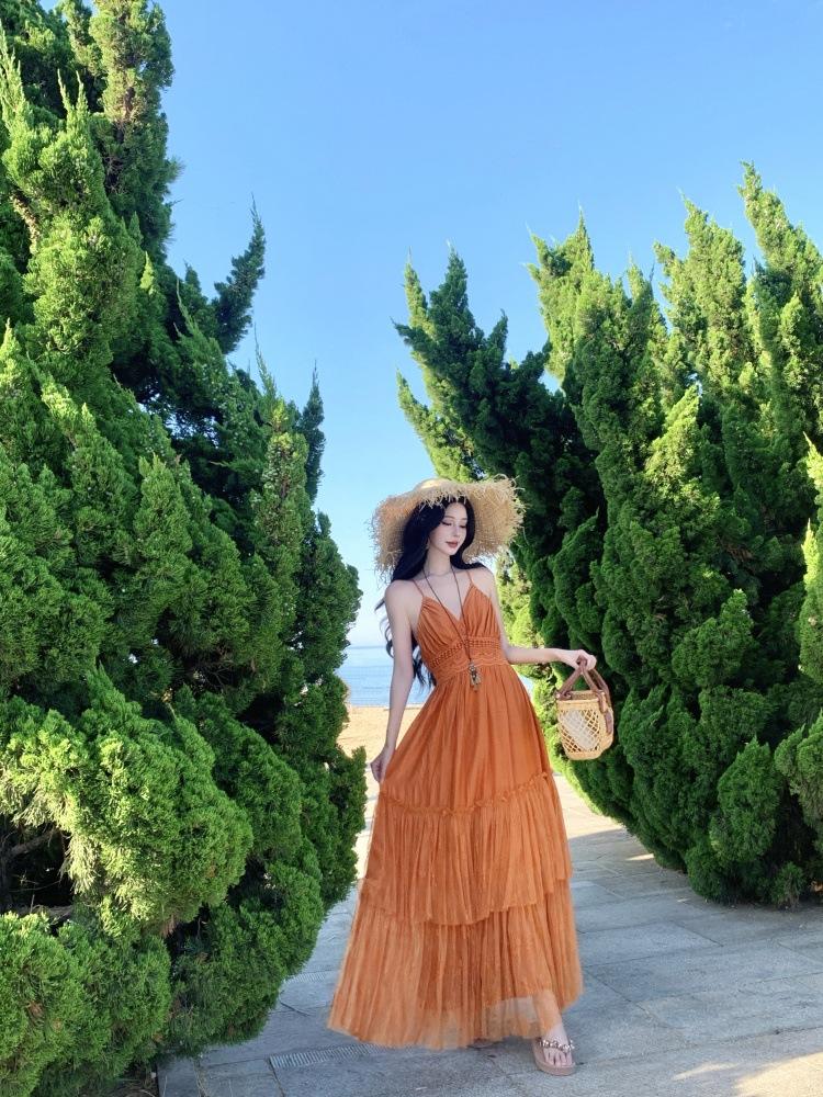 

Suitable for Seaside Travel Photo Orange Collar Suspender Dress Female Sexy Backless Island Beautiful Vacation Dress S