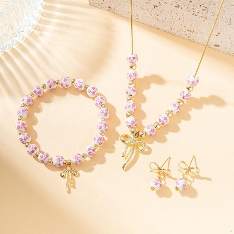 Stylish Blue White Porcelain Bowknot Beaded Jewelry Set Sturdy Fade Resistant Necklace Bracelet Earrings Adornment