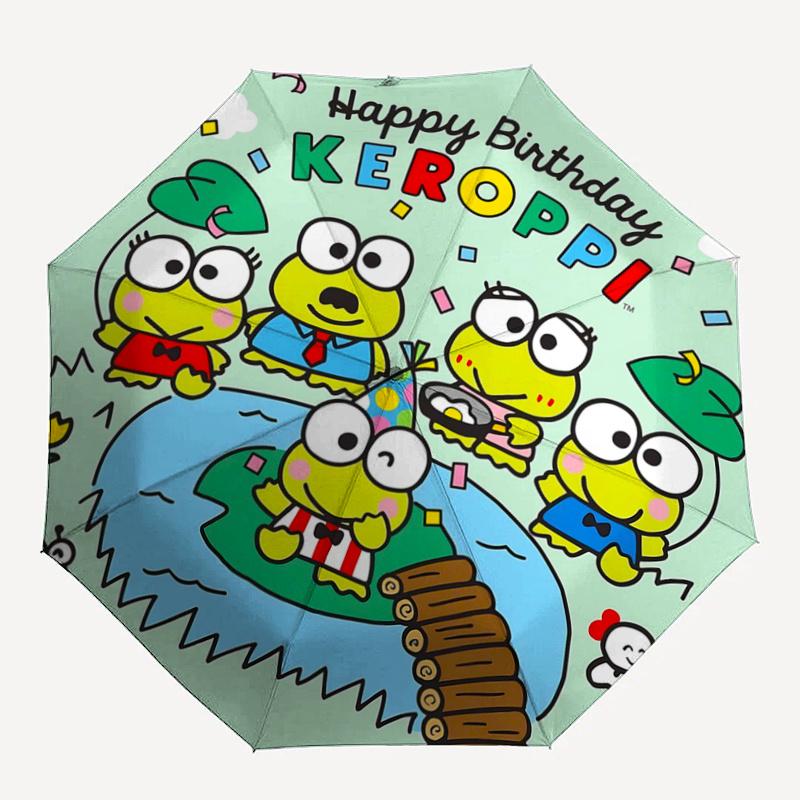 1pc Keroppi Frog Family Birthday Party Automatic Opening/Closing Umbrella - Portable Three-Fold Design with 8-Bone Iron Frame - Outdoor, Gift for Fans