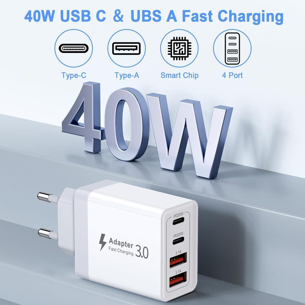40W USB C Charger Fast Charging USB Type C Wall Charger Adapter PD QC3.0 Quick Charge for IPhone Samsung S23 S21 Laptop Tablet