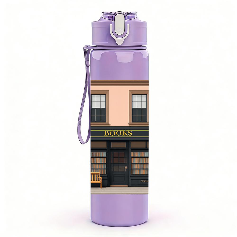 1PC Vintage Street Shop Facade 750ml Color Plastic Sports Water Bottle Leakproof Flip Straw Lid For Sports Office Home Use