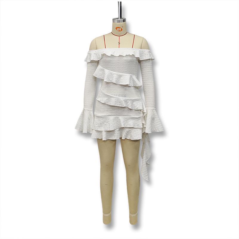 2024 Autumn Strapless Ruffle Off-the-Shoulder Bell Sleeve Sash Dress