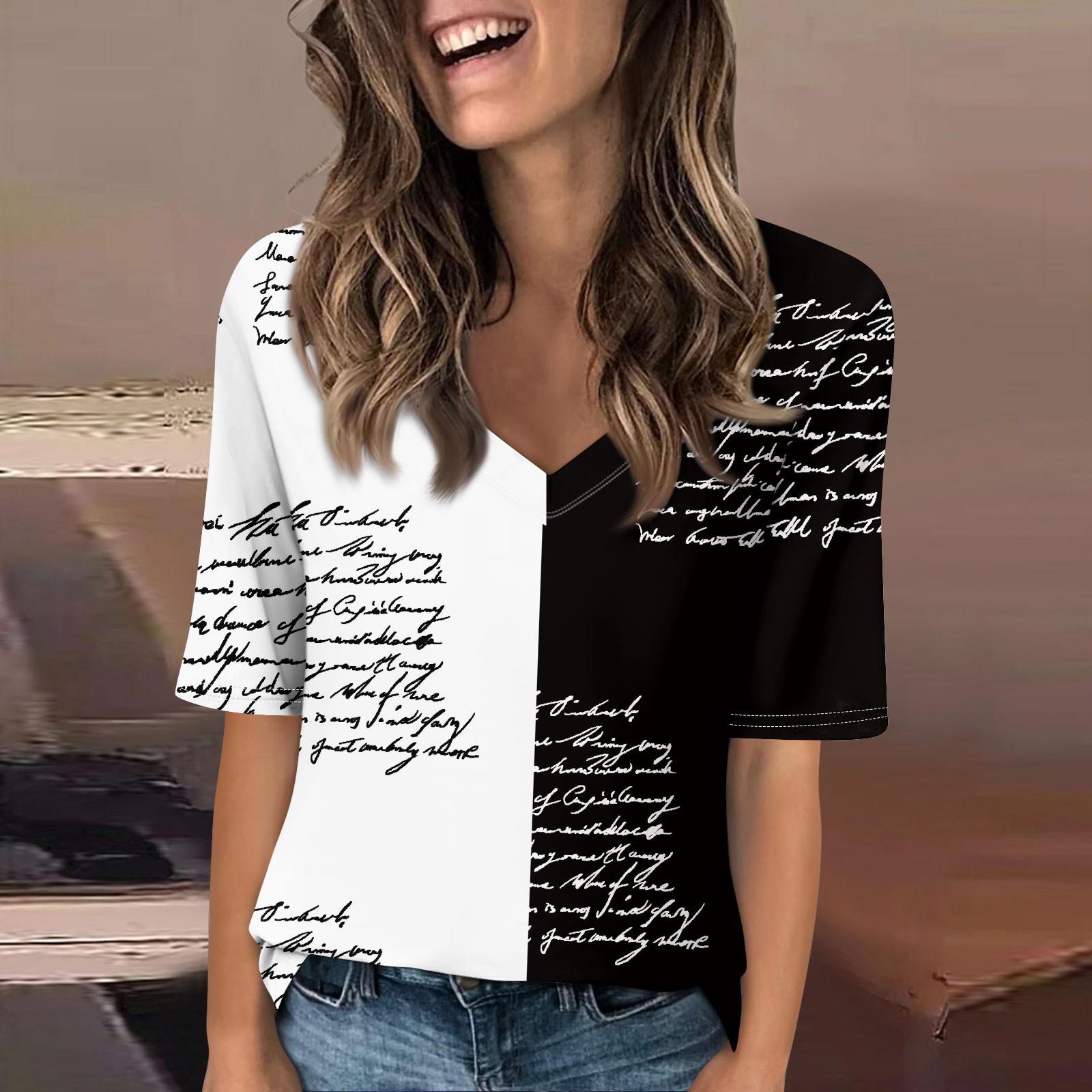 

Рубашки для женщин, модные футболки с v-образным вырезом, повседневные летние футболки с принтом, футболка, блузка, топы с короткими рукавами для женщин L чёрный