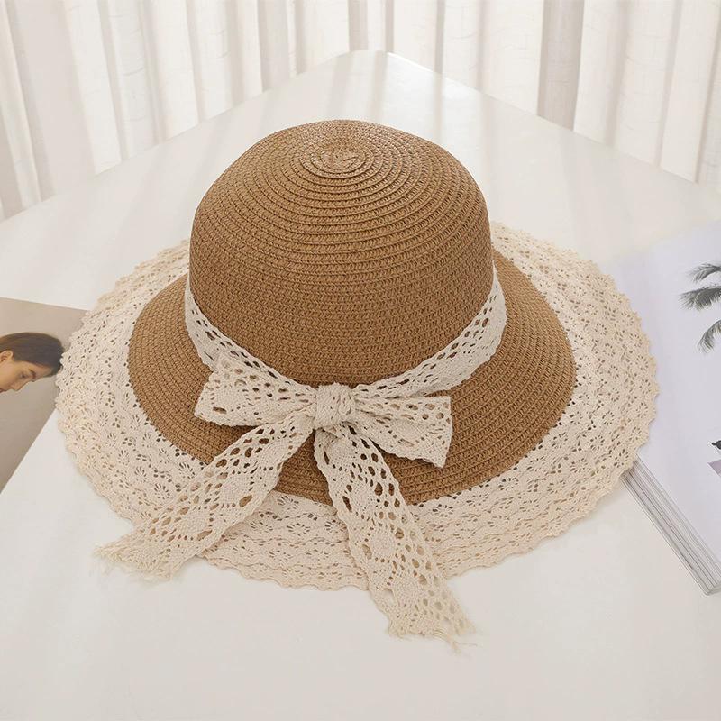 New Women's Summer UV Protection Sweet Ribbon Seaside Vacation Sunshade Bucket Hat Bow Large Brim Straw Hat