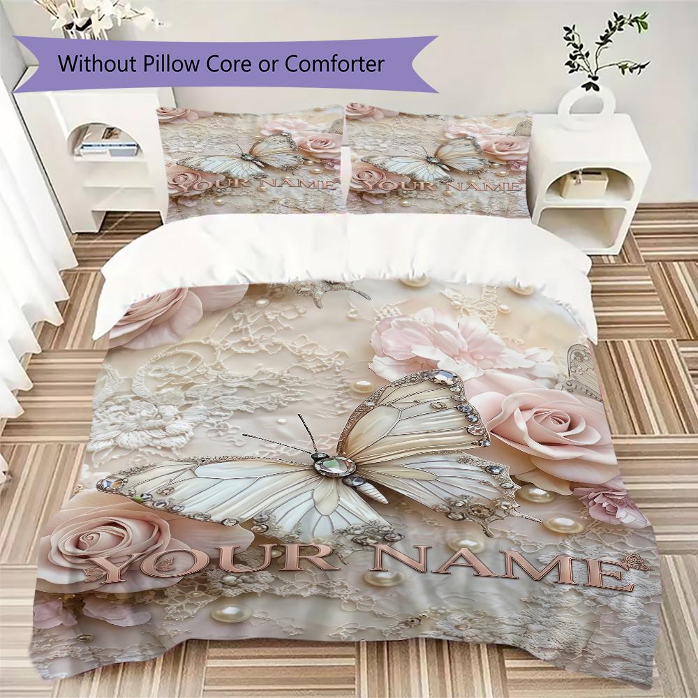 Custom Name Elegant Butterfly Lace Bedding,Quilt Set Quilt Cover Pillowcase Home Birthday Gift(1 * Duvet Cover + 2 * Pillowcase, Without Core)_lx