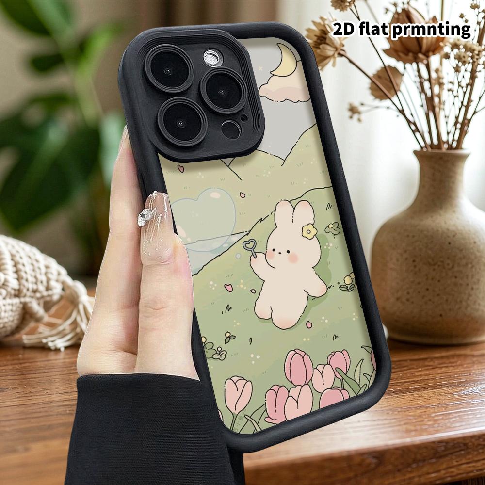 Phone Case: 2D Flat Design, Suitable for iPhone 18 17 16 15 14 13 12 Pro, Creamy Protective Case, Bubble-blowing Little Bunny, Perfect Christmas and H