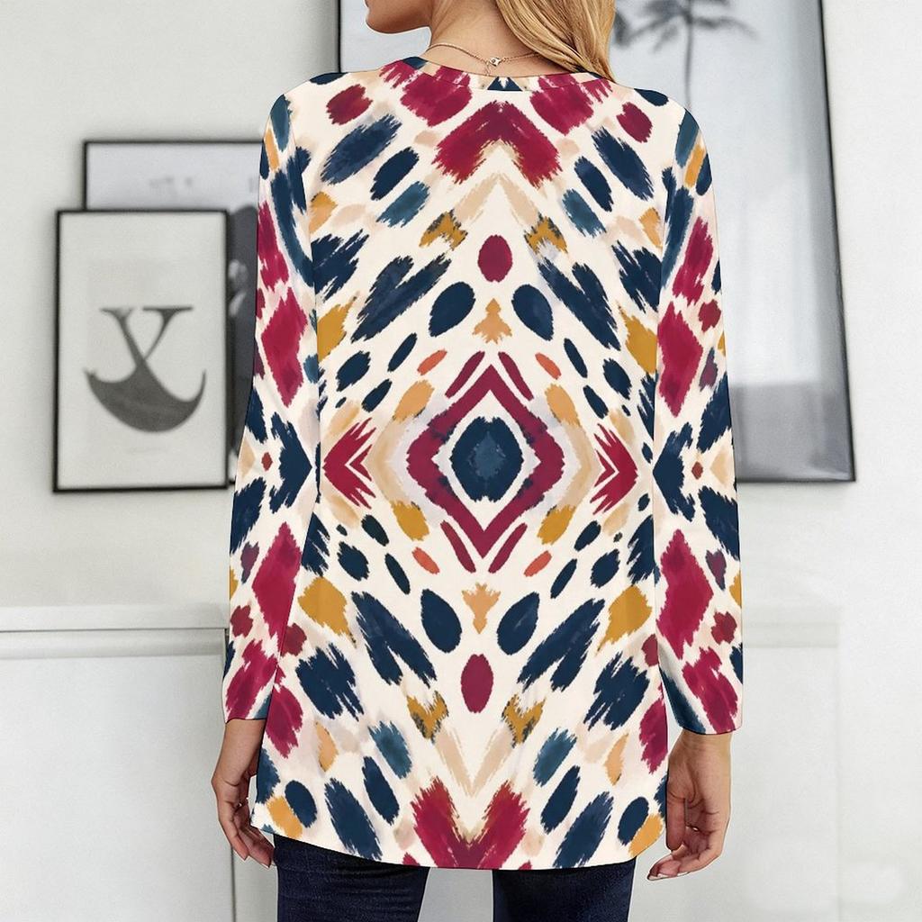 Women Plus Size Round Neck Long Sleeve Geometric Printed Loose Longline T Shirt With Pockets