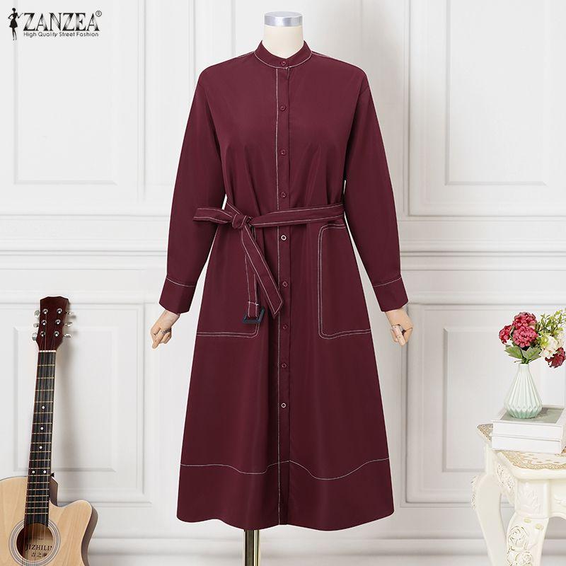 ZANZEA Women Casual Round Neck Solid Color Long Sleeve Loose Dress