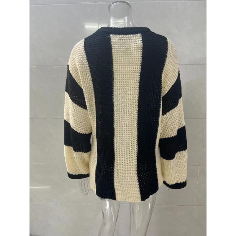 Damski Sweter Dzianinowy Casualowy w Paski Patchworkowy Okrągły Dekolt Rozszerzane Długie Rękawy Luźny Modny Dzianinowy Top Casualowy Wszechstronny Miękki Stylowy Sweter Dzianinowy Płaszcz