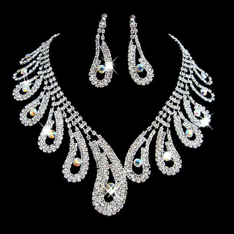 European & American Rhinestone Water Drop Necklace & Earring Set: Exaggerated Crystal Flower Bridal Jewelry
