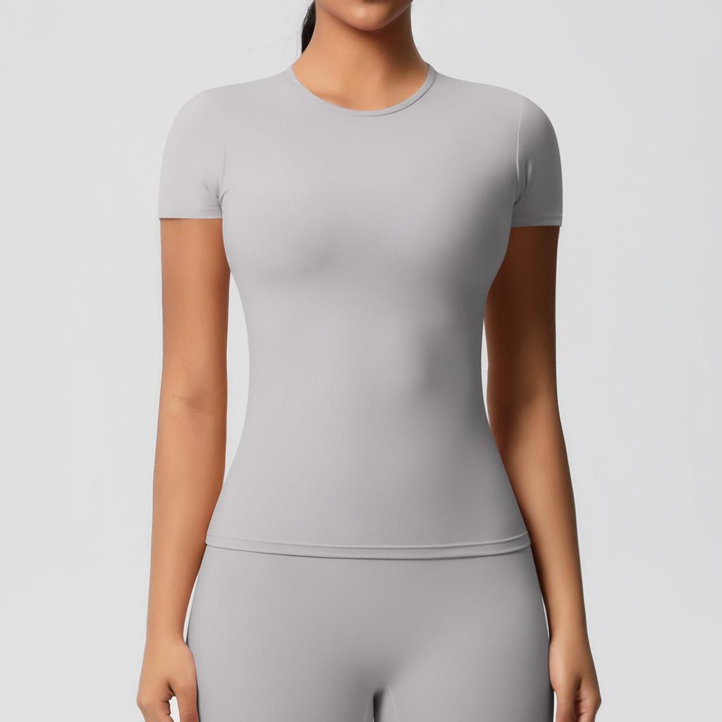 Solid color double-sided abraded tight sports short-sleeved T-shirt sports running fitness yoga clothes top women