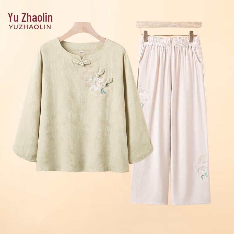 

YUZHAOLIN Women s Embroidered Short-Sleeve T-Shirt & Pants Set for Middle-Aged & Elderly D-3XL