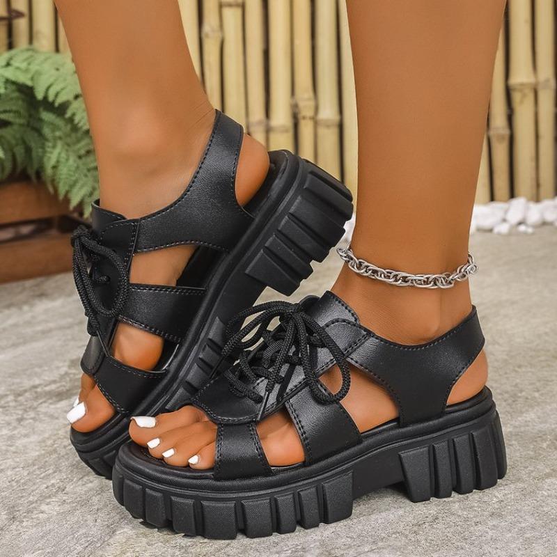 2026 New Ladies Shoes Lace-up Women's Sandals Fashion Open Toe Casual Summer Hollow Out Plus Size Concise Platform Sandals