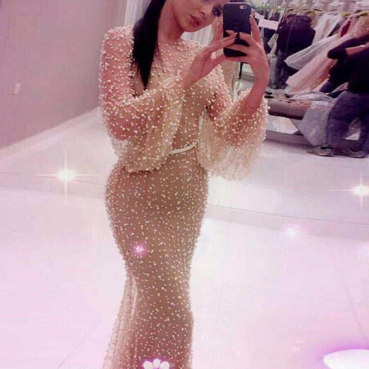Autumn New Women s Dress Mesh Round Neck Puff Sleeve Bodycon Hip Wrap Pencil Dress S абрикосовый