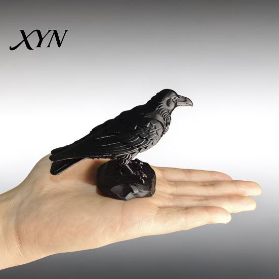 Dark Style Crow Statue 3D Printed Statue, Gothic Academia Bird Sculpture, Matte Black Raven Detailed Sculpture Figurine, Stable Rock Base for
