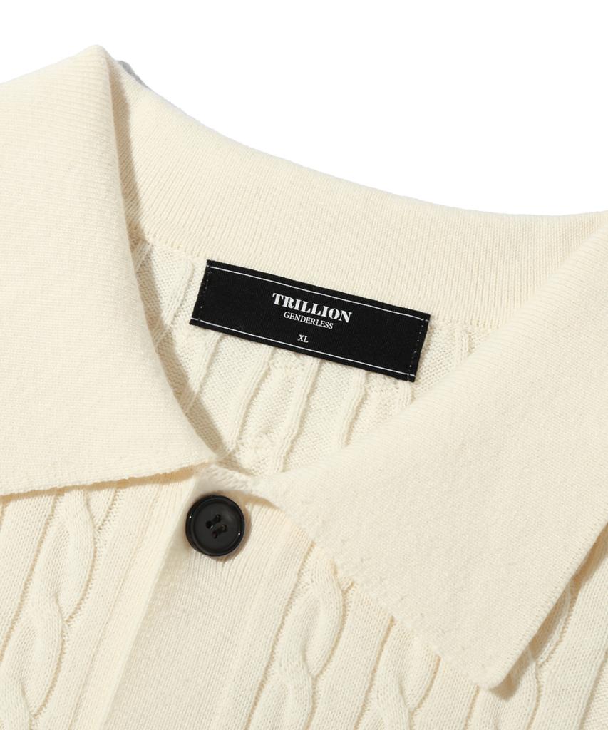 TRILLION Washable Cable Half Sleeve Button-Up Knit (Cream)