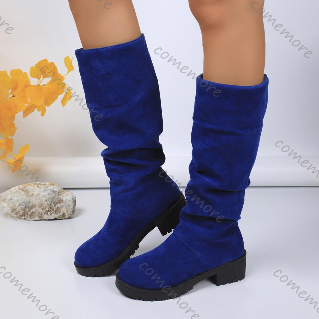 Comemore Boots for Women Leopard Suede Thick Middle Heel Folded Stacked Mid-calf Boots Round Toe Slip-On Botas Shoes