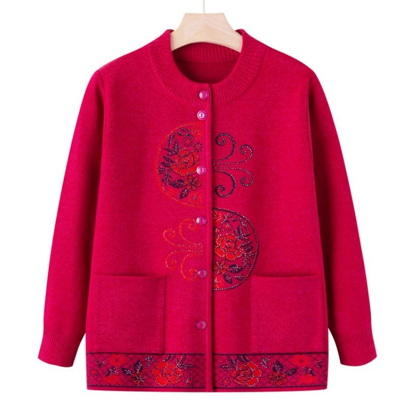 

Вязаный свитер с круглым вырезом для бабушки, новый осенний свитер для мамы, вязаный кардиган, куртка, одежда для пожилой женщины, женская 5XL (recommended 150-82.5 kg) розы красного