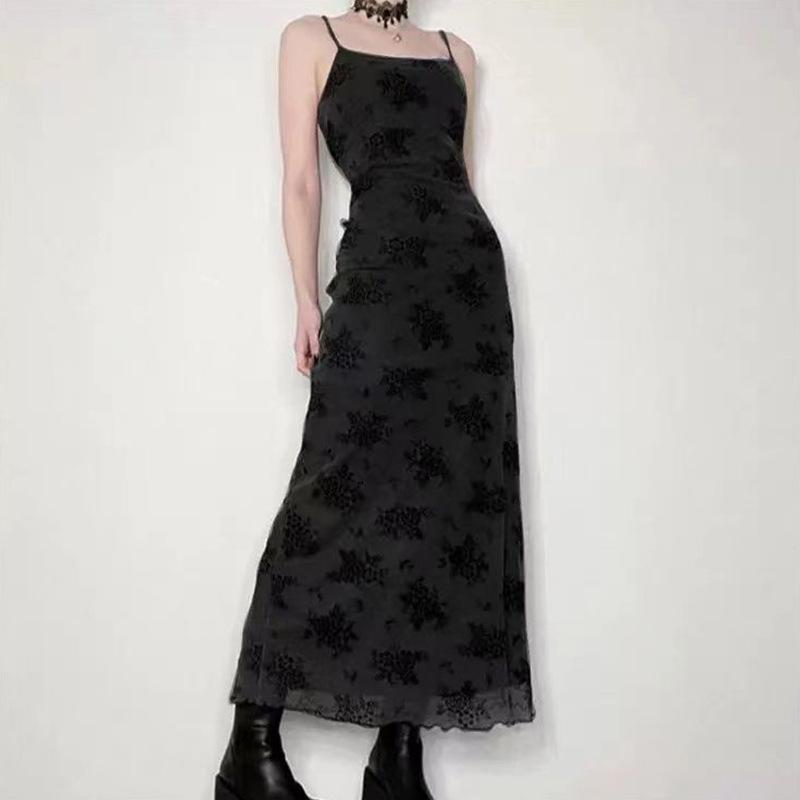 French Retro Pure Desire Sexy Floral Suspender Dress Women's Summer Backless Temperament Slim and Thin Hip-wrapped Long Skirt