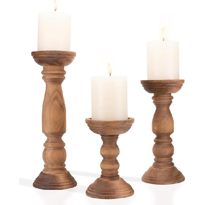 Farmhouse Wooden Candle Holders for Pillar Candles Set of 3, Rustic Wood Candle Holder Table Centerpiece Decor, 12   9   6   Vintage Tall Candle Natural Brown