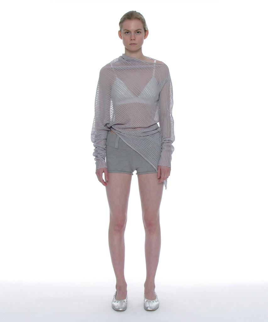 PARTIMENTO WOMEN Sheer Asymmetrical Knit Crew Neck_Light Gray