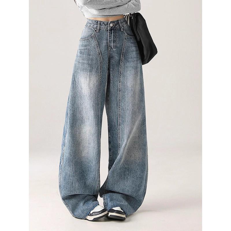 Retro Wide-Leg Floor-Length Jeans for Women - Light Blue, Washed, Versatile, Ideal for Autumn Commutes