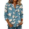 Women Cotton Linen Shirt Henley Button Neck Floral Print Three Quarter Sleeve Casual Blouse Lightweight Breathable Top
