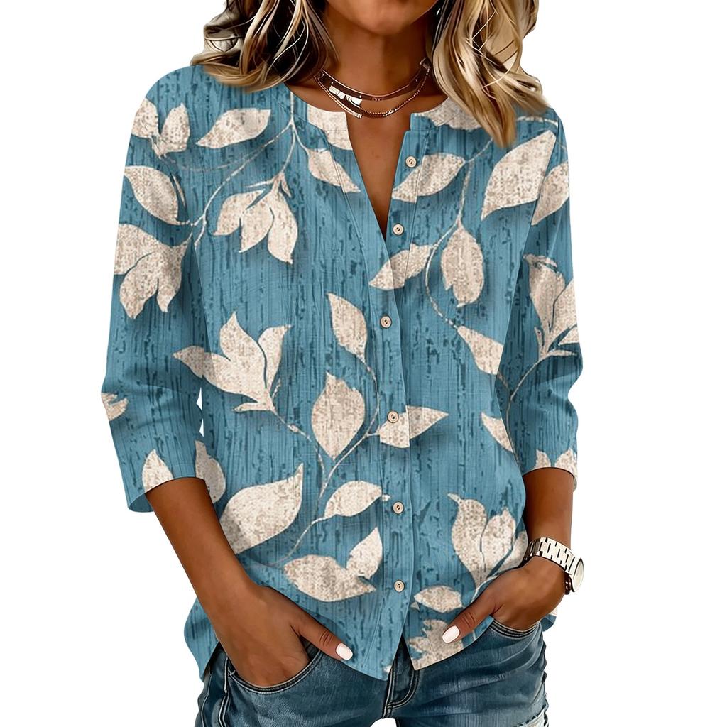 Women Cotton Linen Shirt Henley Button Neck Floral Print Three Quarter Sleeve Casual Blouse Lightweight Breathable Top