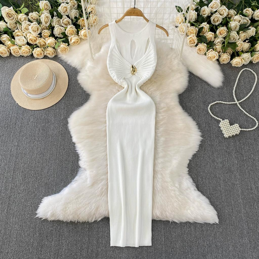 Summer Women Elegant Sleeveless Hollow Out Office Work Midi Knitted Sweater Pullover Sheath Dresses For Ladies
