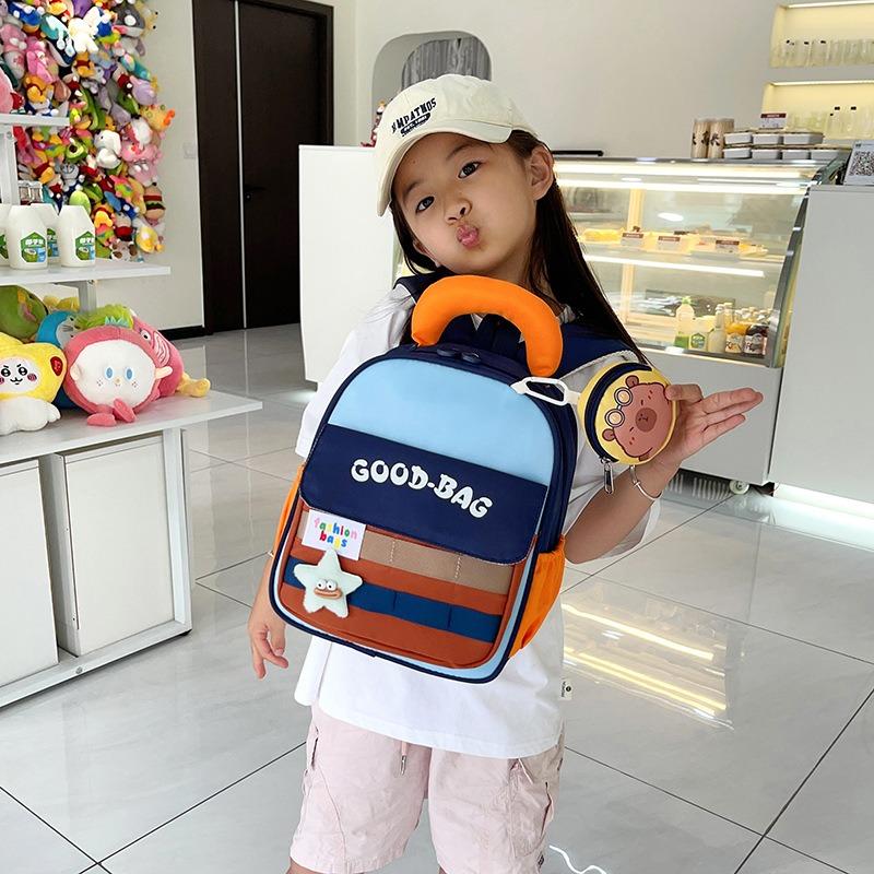 School bag, school bag contrasting color, light spine protection, children's backpack, cartoon letter girl, baby going out, small backpack tide