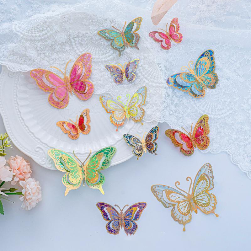 12Pcs Hollow Out Colorful Butterfly Stickers Waterproof Self Adhesive Stickers For Wall Scrapbooking Cake Decor DIY Crafts