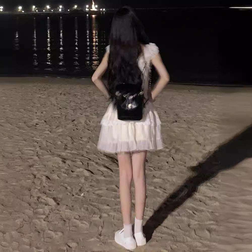 French Style Petite Waist Square Neck Cap Sleeve Dress for Women - Slimming Summer Short Dress