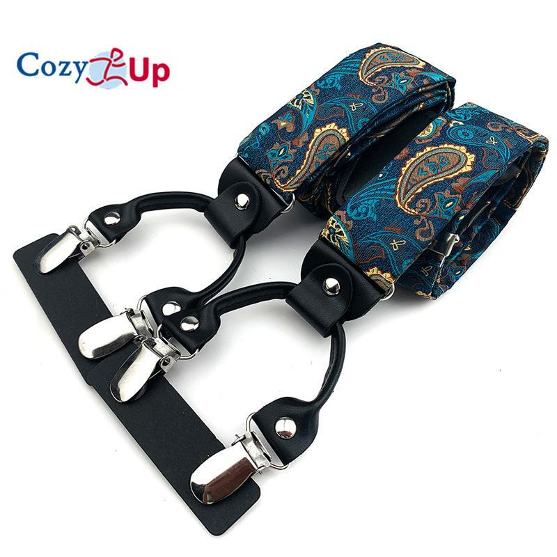 Suspensórios masculinos adultos em forma de Y com 6 clipes em tecido jacquard de couro com alça traseira elástica ajustável com ganchos giratórios e tiras elásticas nas costas em Y