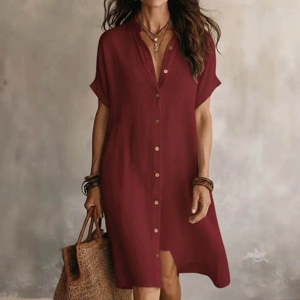Vestido Chemise Midi Casual de Verão Feminino com Decote V, Manga Curta, Botões, Algodão e Linho