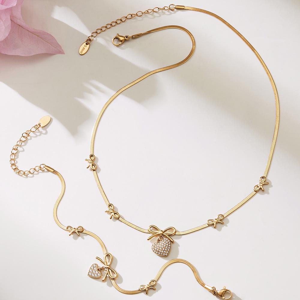 18K Gold-Plated Heart Zircon Bow Pendant Necklace & Bracelet Jewelry Set