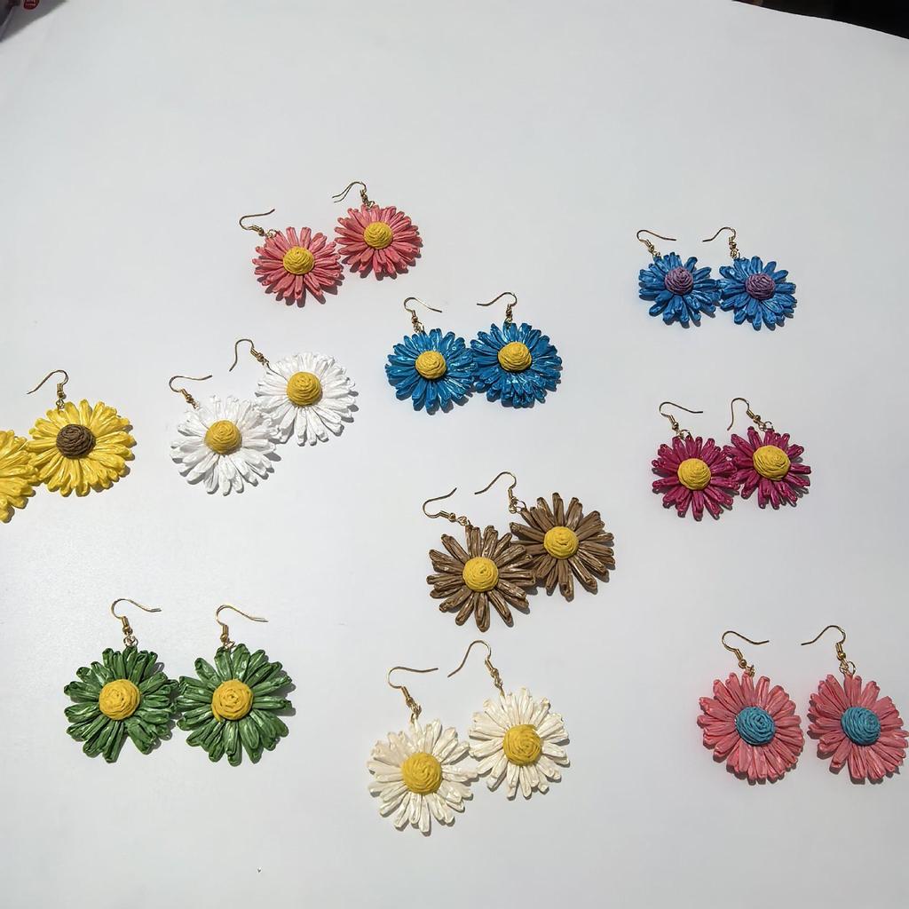 Colorful Raffia Flower Dangle Earrings: Summer Beach Style, European & American Fashion, Versatile & Exaggerated Design