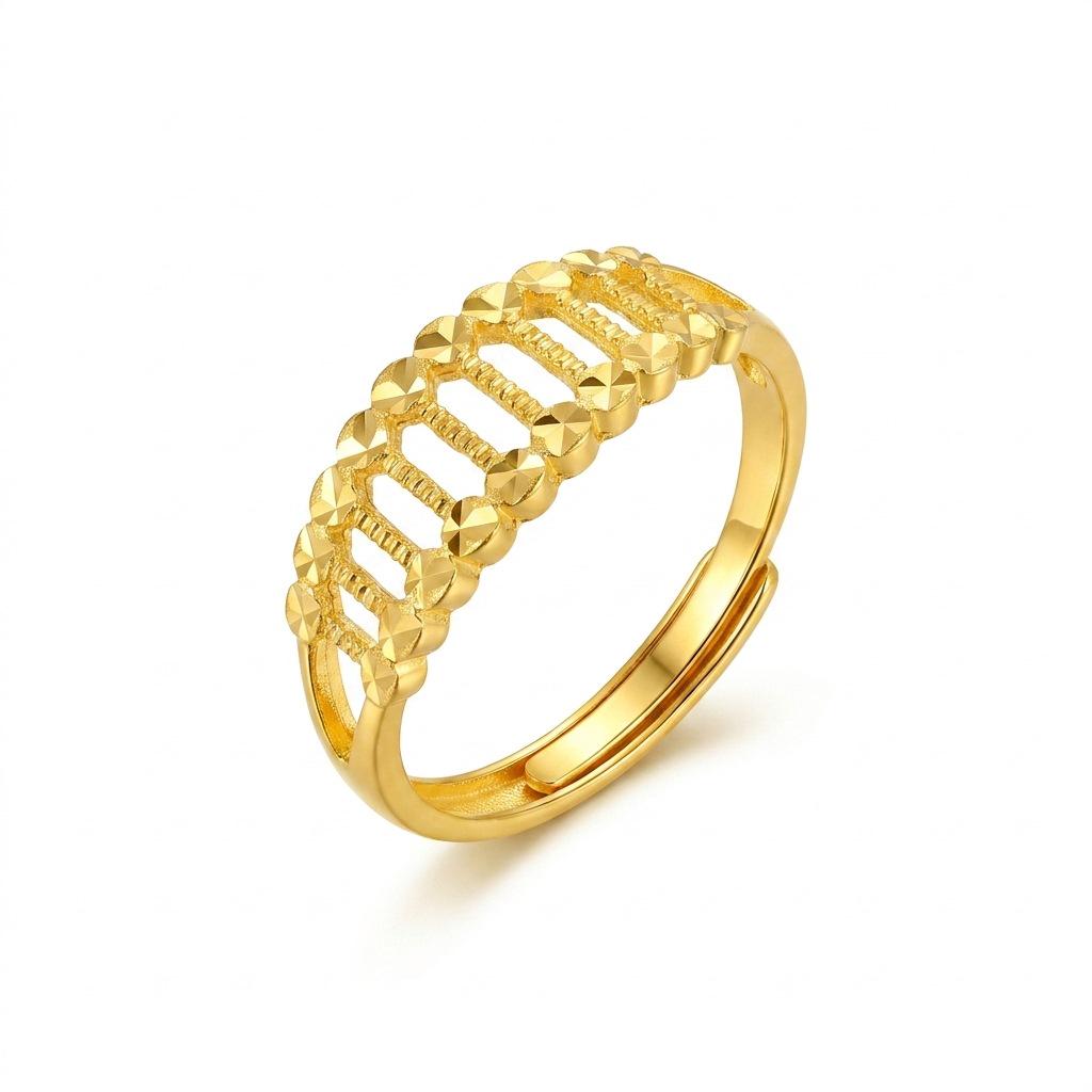 Gold Color Open Ring: Non-Plated, Carved Trapezoidal Pattern, Colorfast Sand Gold, Light Luxury, Chinese Style