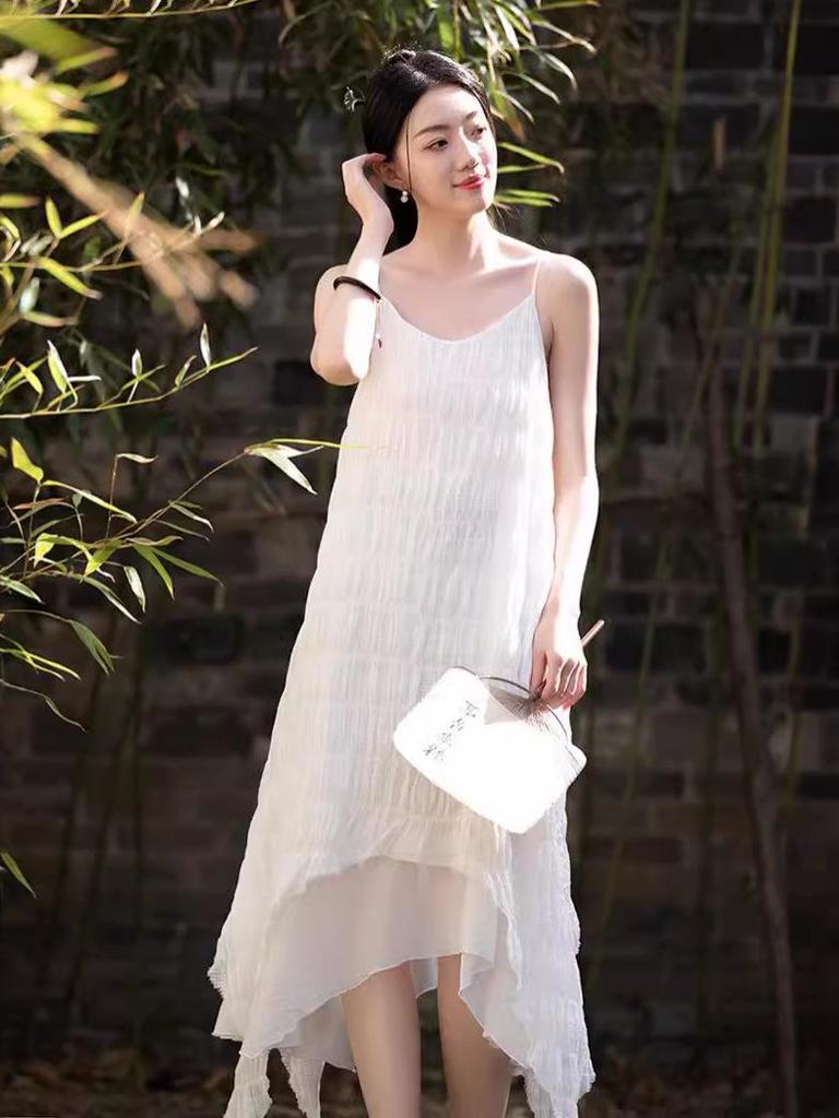 Handmade Plant-Dyed Crinkled Jacquard Irregular Maxi Dress for Women - Fairy-like, Slimming Camisole, Perfect for Summer Travel Photography