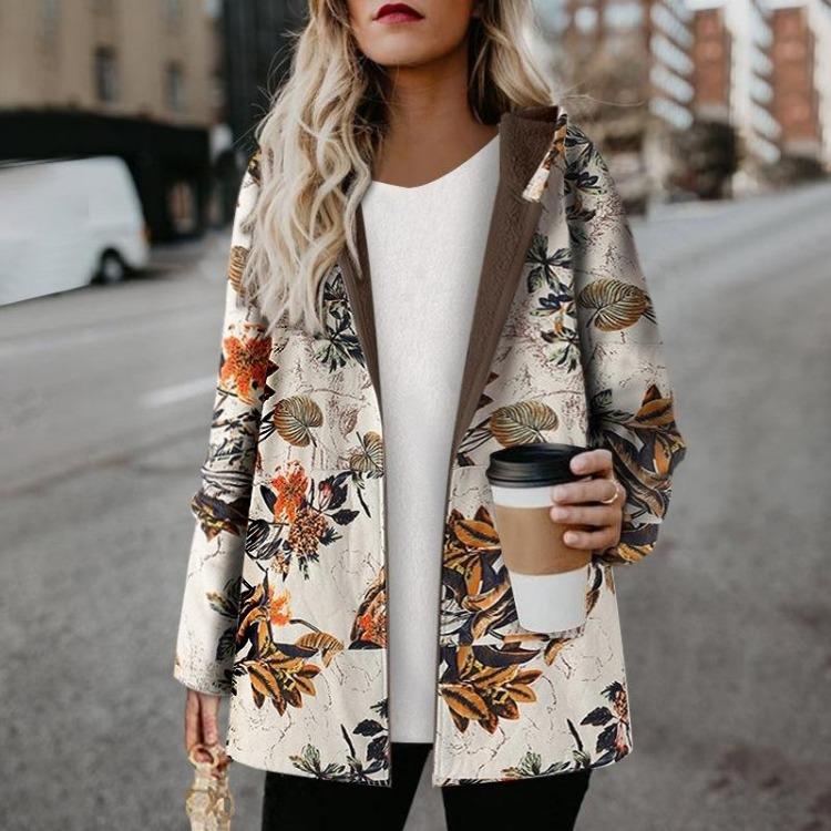 Women's Casual Retro Floral Fleece Jacket Long Sleeve Zip Hoodie Thermal Coat with Pocket Manteaux Dames Outerwear