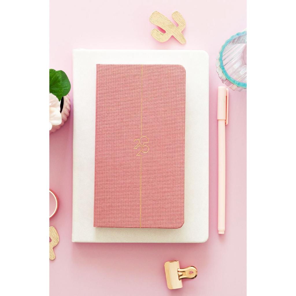 Agenda semanal de bolsillo de lino de 12 meses, color rojo burdeos, 2025