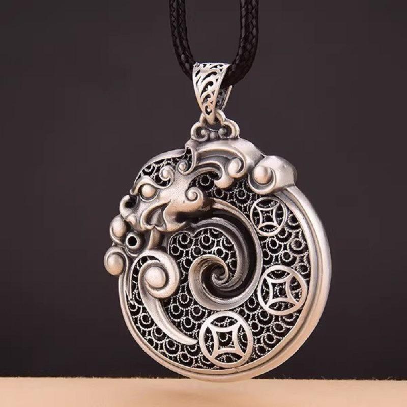 Sterling Silver Dragon Zodiac Peace Pendant: Dragon & Tiger Design with Hand-Woven Silk - Chinese Trend Pure Silver Jewelry