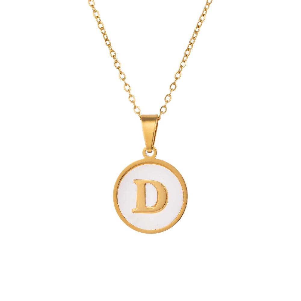 Round Gold Color 26 Letter Necklaces Alphabet Shell Pendant Necklace for Women Men Stainless Steel Chain Jewelry 1PC