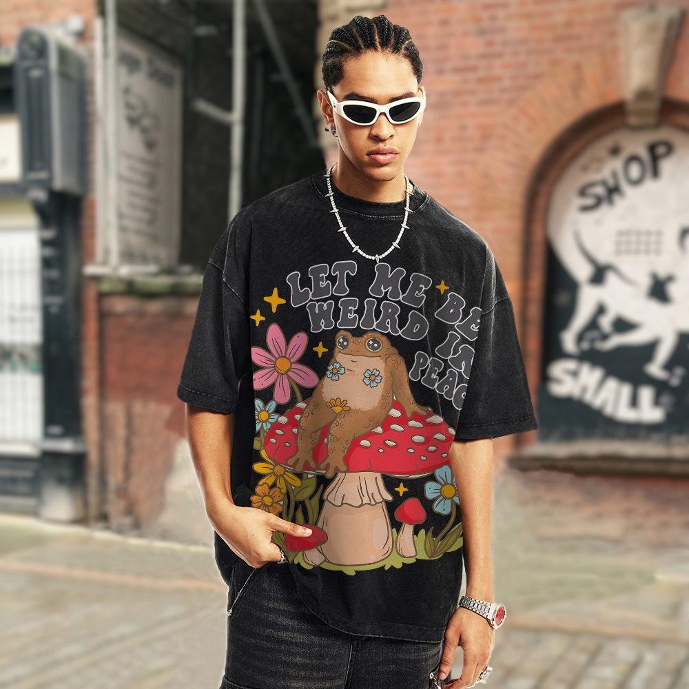 Lazy Cute Frog Mushroom Flower Print T-Shirt Retro Washed De
