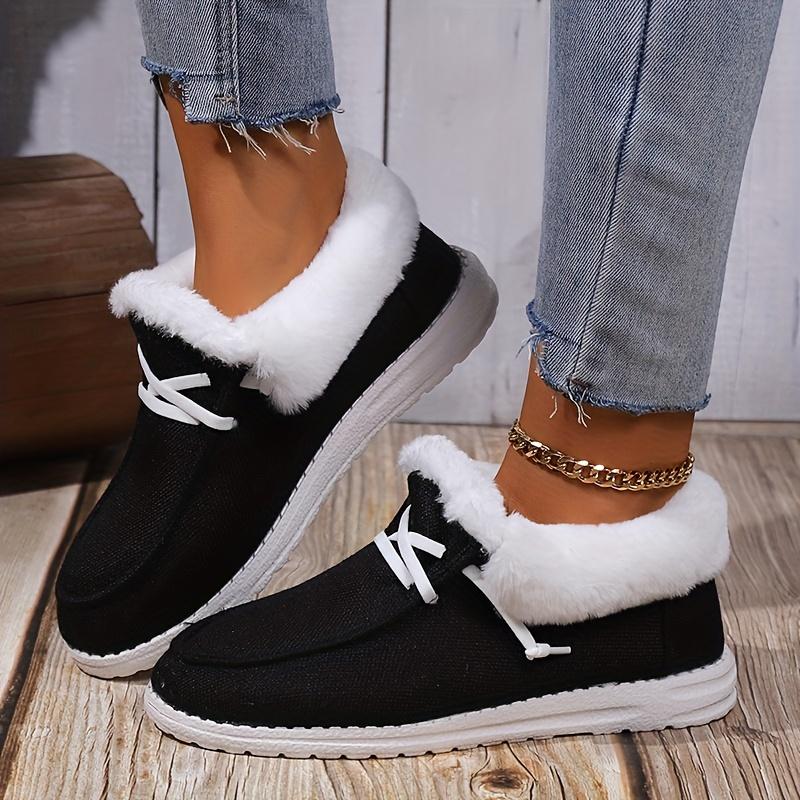 Women's Plush Lined Canvas Shoes, Winter Thermal Low Top Slip On Snow Shoes, Comfy Outdoor Sneakers