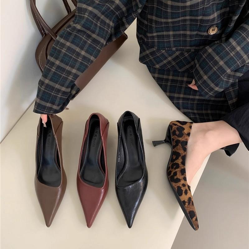 Niche fine heel suede leopard print single shoes women's 2025 spring new Korean version French temperament shallow mouth pointed women's shoes